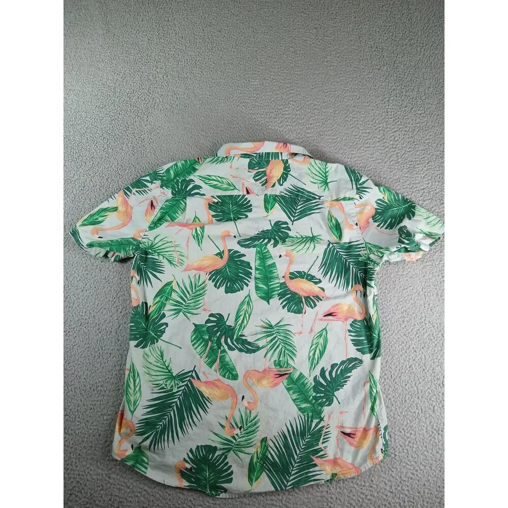 Old Navy Shirt Mens Large Flamingo Green Button Up Tropical Palm 100% Cotton - Picture 5 of 8